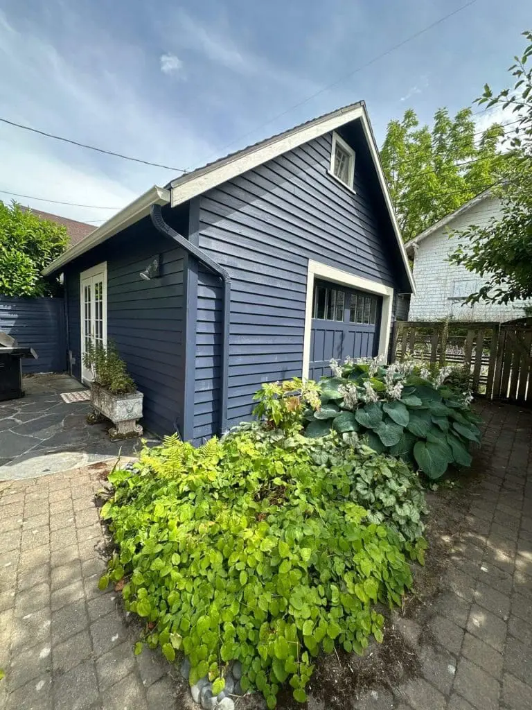 Navy blue lap siding garage with white trim and French doors, expertly finished by Painters in Refined Painting LLC in Seattle, WA alongside lush garden landscaping.