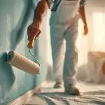 Painter applying teal wall paint with a roller, demonstrating interior paint finishes for each room in a residential space.