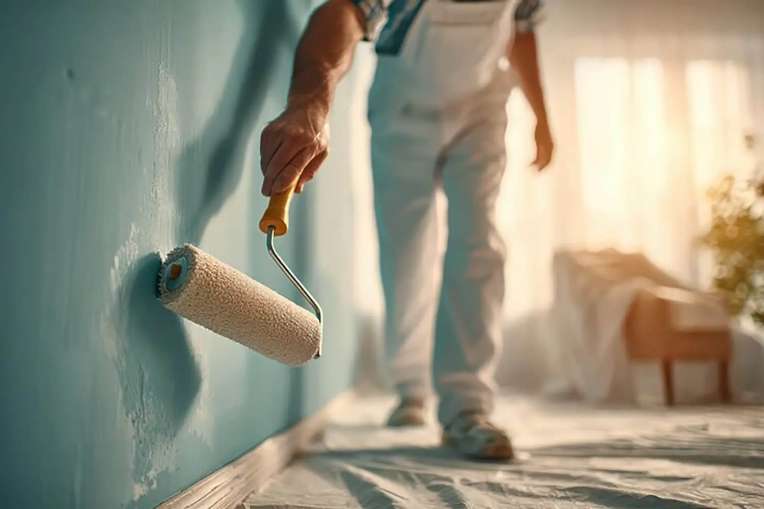 Painter applying teal wall paint with a roller, demonstrating interior paint finishes for each room in a residential space.