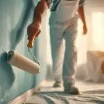 A painter rolling light blue paint onto an interior wall in a bright Seattle home, showing a spring interior painting project in progress.